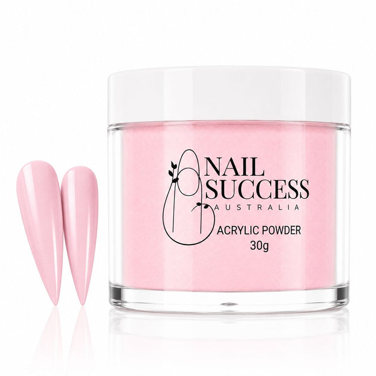Purely Pink Masque 20 Sensuelle acrylic nail powder in a 30 g tub with two matching stiletto nail swatches – Nail Success Australia