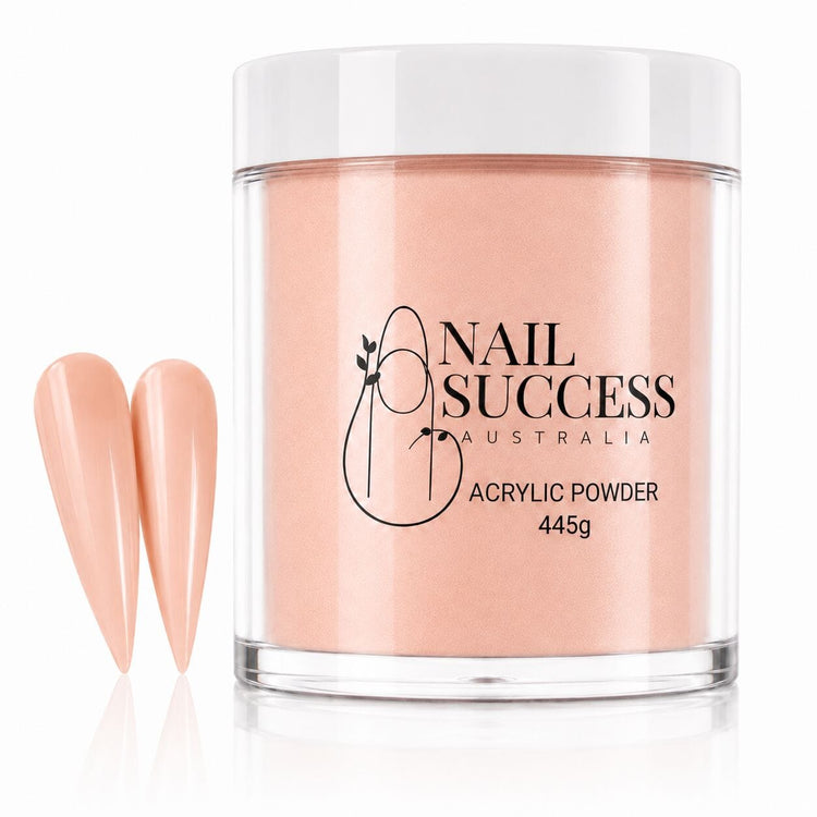Coral pink acrylic nail powder in a 445 g tub with two matching stiletto nail swatches – Nail Success Australia