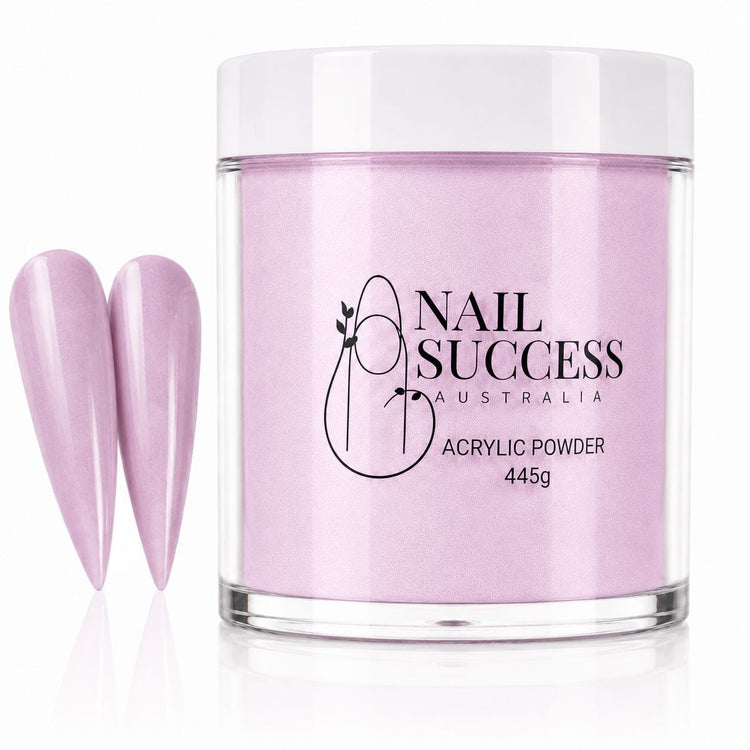 Dusty Pink 20 Passion acrylic nail powder in a 445 g tub with two matching stiletto nail swatches – Nail Success Australia