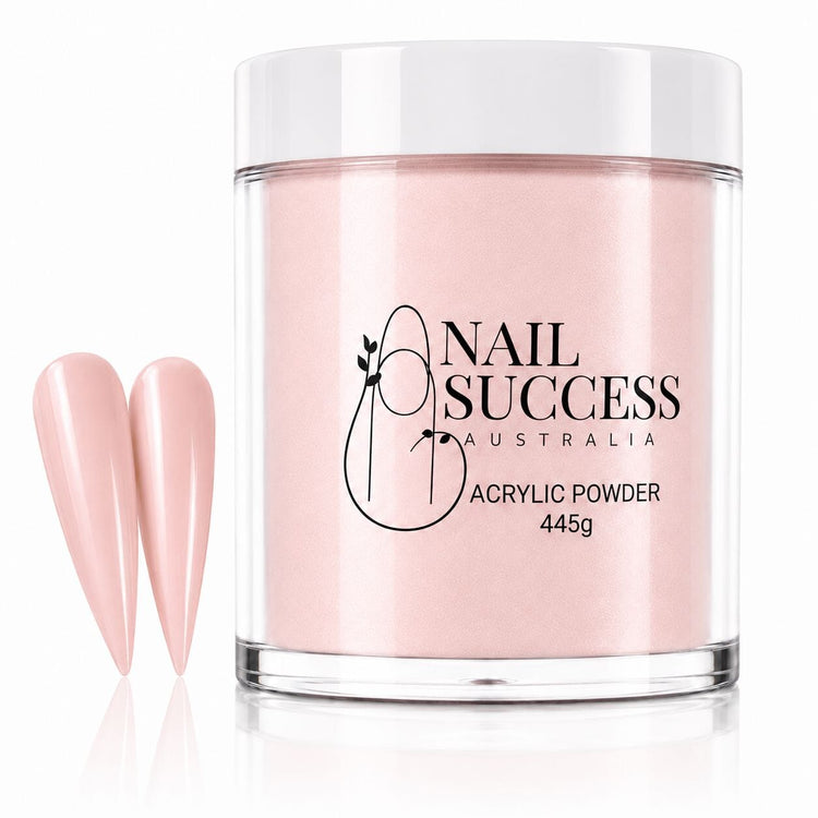 Peach Blush 20 crème acrylic nail powder in a 445 g tub with two matching stiletto nail swatches – Nail Success Australia