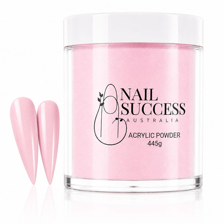 Purely Pink Masque 20 Sensuelle acrylic nail powder in a 445 g tub with two matching stiletto nail swatches – Nail Success Australia