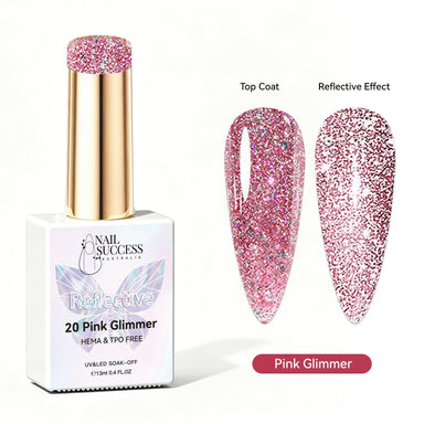 Nail Success Australia Pink Glimmer reflective glitter gel polish with top coat and reflective effect swatches