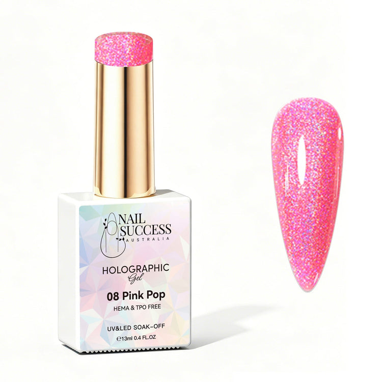 Nail Success Australia Pink Pop holographic gel polish bottle with glossy pink holographic nail colour swatch