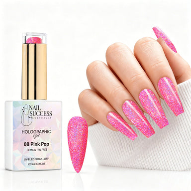 Pink Pop holographic gel polish with bright pink glitter swatch and matching manicure for HEMA and TPO free salon nails