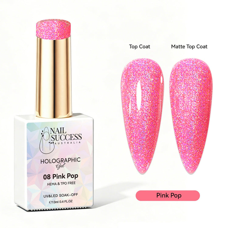 Nail Success Australia Pink Pop holographic gel polish with top coat and matte top coat swatches