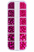 Pink rhinestones tray, 12 clear compartments sorted small to large, deep magenta left and hot pink right