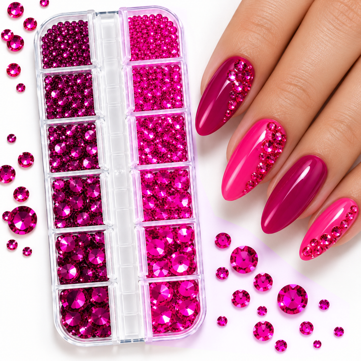 Pink rhinestones tray, 12 compartments in graded sizes, deep raspberry and hot pink, almond nails with stones