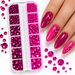 Pink rhinestones tray, 12 compartments in graded sizes, deep raspberry and hot pink, almond nails with stones