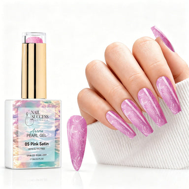 Pink Satin aurora pearl gel polish with soft pink pearl shimmer swatch and matching manicure for HEMA and TPO free salon nails