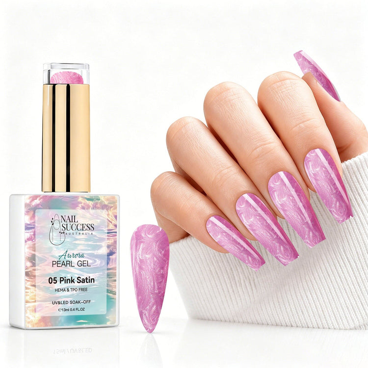 Pink Satin aurora pearl gel polish with soft pink pearl shimmer swatch and matching manicure for HEMA and TPO free salon nails
