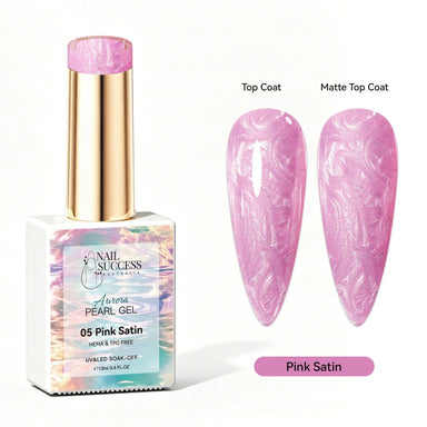 Pink Satin Aurora Pearl Gel Polish with pink pearl shimmer swatches in top coat and matte finish