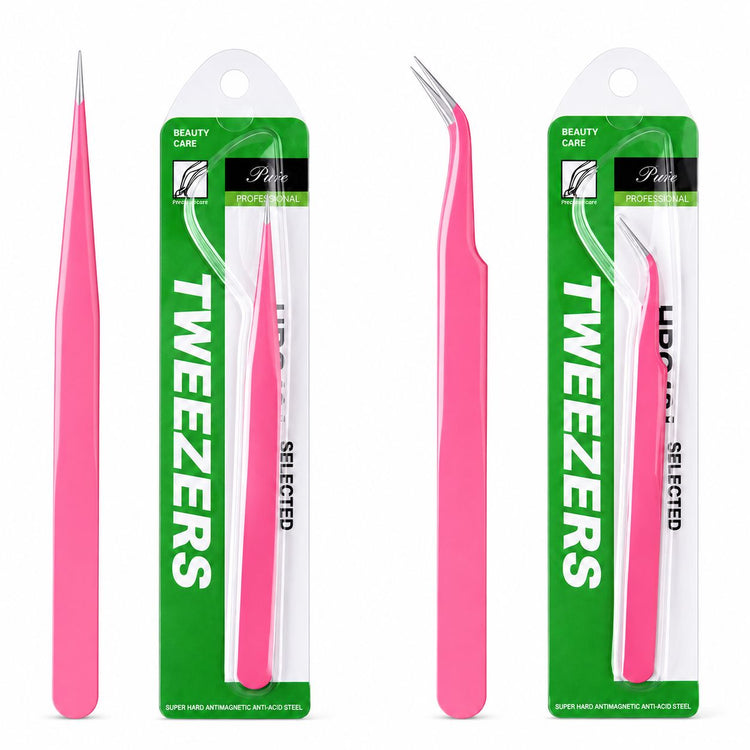 Pink fine point nail art tweezers with straight and curved precision tips shown with green retail packaging for rhinestone placement, detailing and salon use