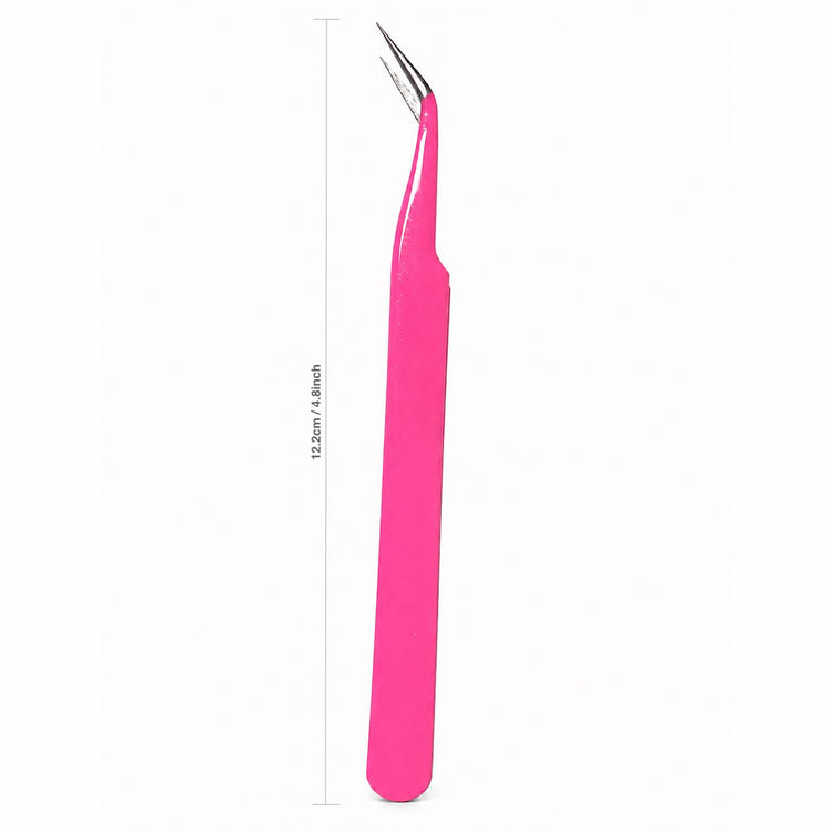 Pink angled fine point tweezers with sharp precision tips and 12.2cm measurement for nail art placement, detailing and salon use