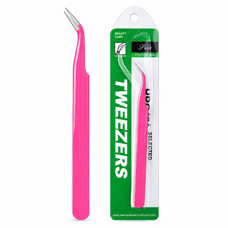 Pink curved fine point tweezers with sharp precision tips shown beside green retail packaging for nail art placement, rhinestone detailing and salon use