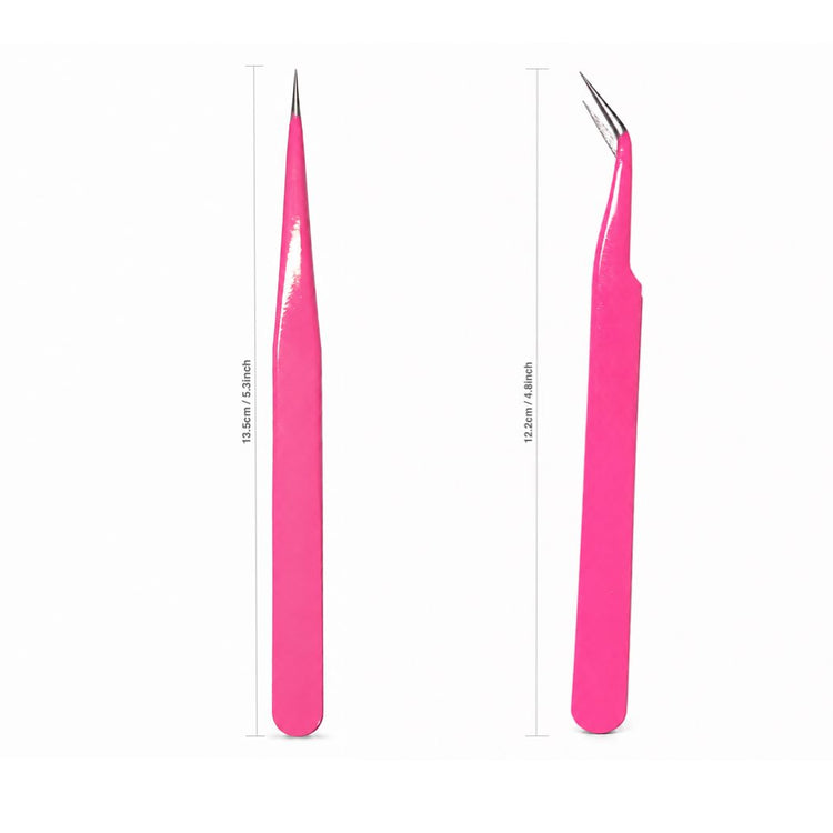 Pink fine point nail art tweezer set with straight and curved precision tips, 13.5cm and 12.2cm measurements for detailed salon nail work