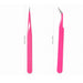 Pink fine point nail art tweezer set with straight and curved precision tips, 13.5cm and 12.2cm measurements for detailed salon nail work