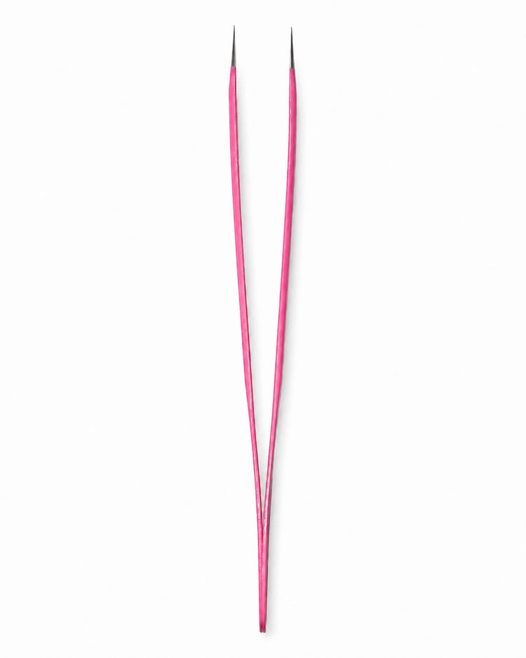 Pink fine point tweezers with long slim design and sharp precision tips for nail art placement, detailing and salon use