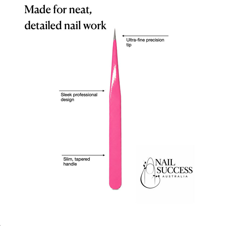 Pink fine point nail art tweezers with ultra-fine precision tip, slim tapered handle and Nail Success Australia branding for detailed salon nail work