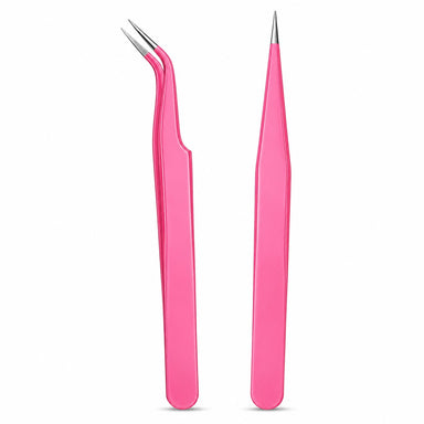 Pink fine point nail art tweezers with angled and straight precision tips for rhinestone placement, detailing and professional salon use