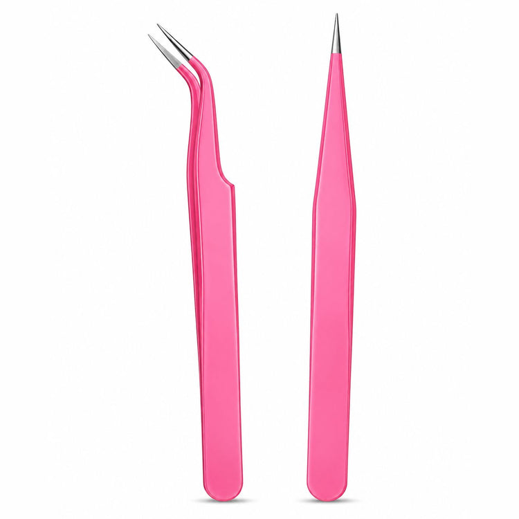 Pink fine point nail art tweezers with angled and straight precision tips for rhinestone placement, detailing and professional salon use