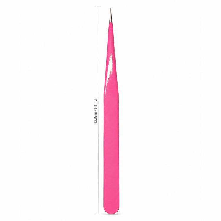 Pink straight fine point nail art tweezers with ultra-fine precision tip and 13.5cm measurement for detailed salon nail work