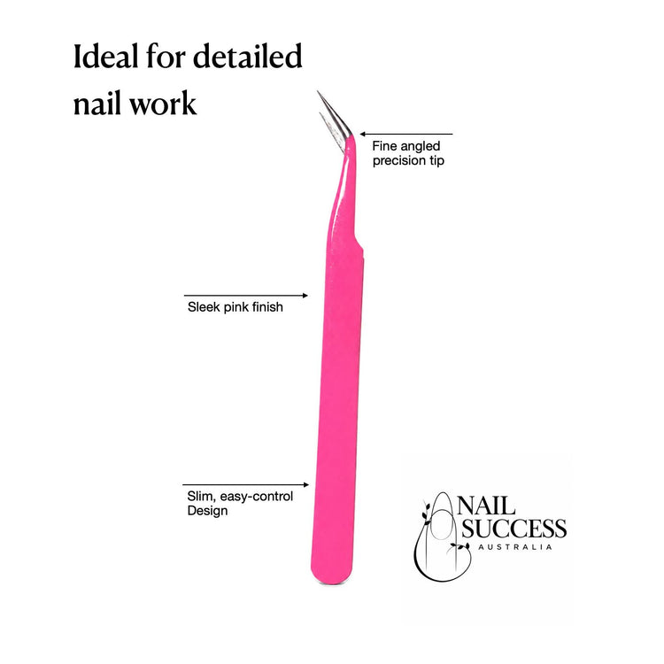 Pink angled fine point nail art tweezers with sleek finish, slim easy-control handle and precision tip for detailed salon nail work