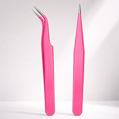 Pink fine point nail art tweezers with curved and straight precision tips for rhinestone placement, detailing and professional salon use