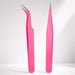 Pink fine point nail art tweezers with curved and straight precision tips for rhinestone placement, detailing and professional salon use