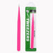 Pink straight fine point nail art tweezers shown with green retail packaging, featuring an ultra-fine precision tip for rhinestone placement and detailed salon nail work
