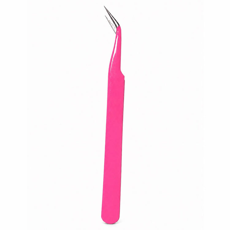 Pink curved fine point tweezers with sharp angled precision tips for nail art placement, rhinestone detailing and professional salon use