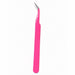 Pink curved fine point tweezers with sharp angled precision tips for nail art placement, rhinestone detailing and professional salon use