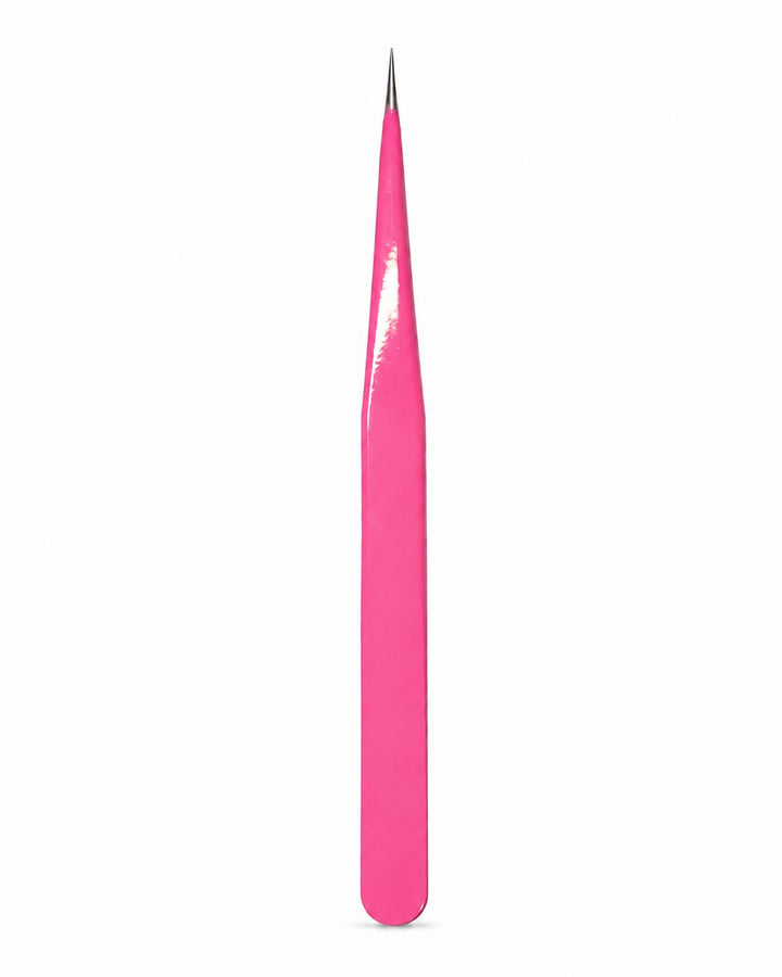 Pink straight fine point tweezers with sharp precision tip for nail art placement, rhinestone detailing and professional salon use