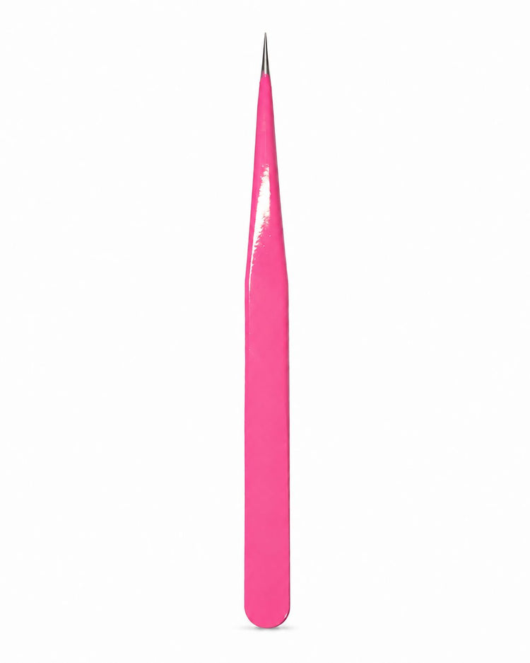 Pink straight fine point tweezers with sharp precision tip for nail art placement, rhinestone detailing and professional salon use