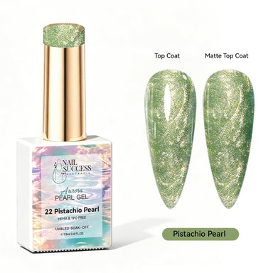 Nail Success Australia Aurora Pearl Gel in Pistachio Pearl, shown with glossy and matte green pearl shimmer swatches for soak-off gel polish manicures