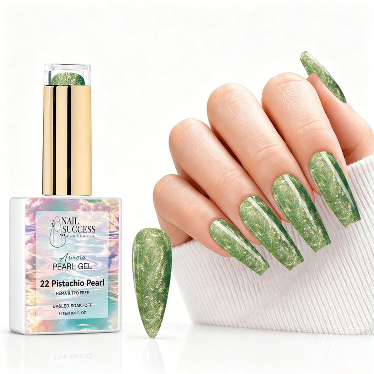 Pistachio Pearl aurora pearl gel polish with green pearl shimmer swatch and matching manicure for HEMA and TPO free salon nails