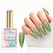 Pistachio Pearl aurora pearl gel polish with green pearl shimmer swatch and matching manicure for HEMA and TPO free salon nails