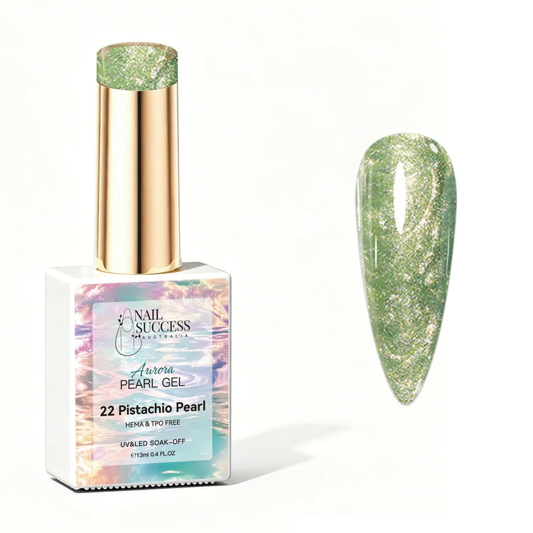 Nail Success Australia Aurora Pearl Gel in Pistachio Pearl, shown with green pearl shimmer swatch and glossy soak-off gel polish finish