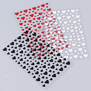 Plain hearts nail art stickers pack — black, white & red sheets, mixed sizes (STZ-C024) — NSI Australia