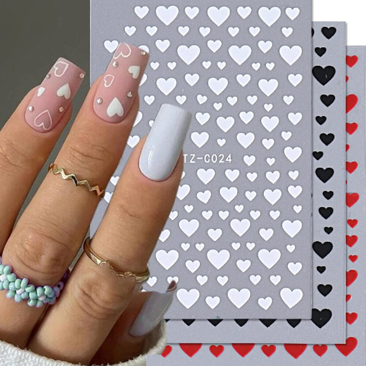 Plain Hearts nail art stickers pack (white, black, red) STZ-C024, shown on matte pink and white coffin nails — NSI Australia