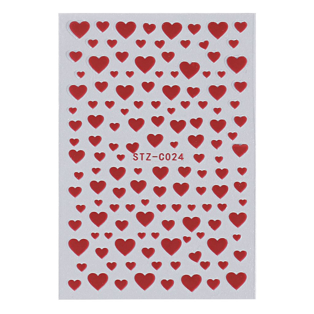 Red hearts nail art stickers — assorted sizes adhesive decals sheet STZ-C024, NSI Australia