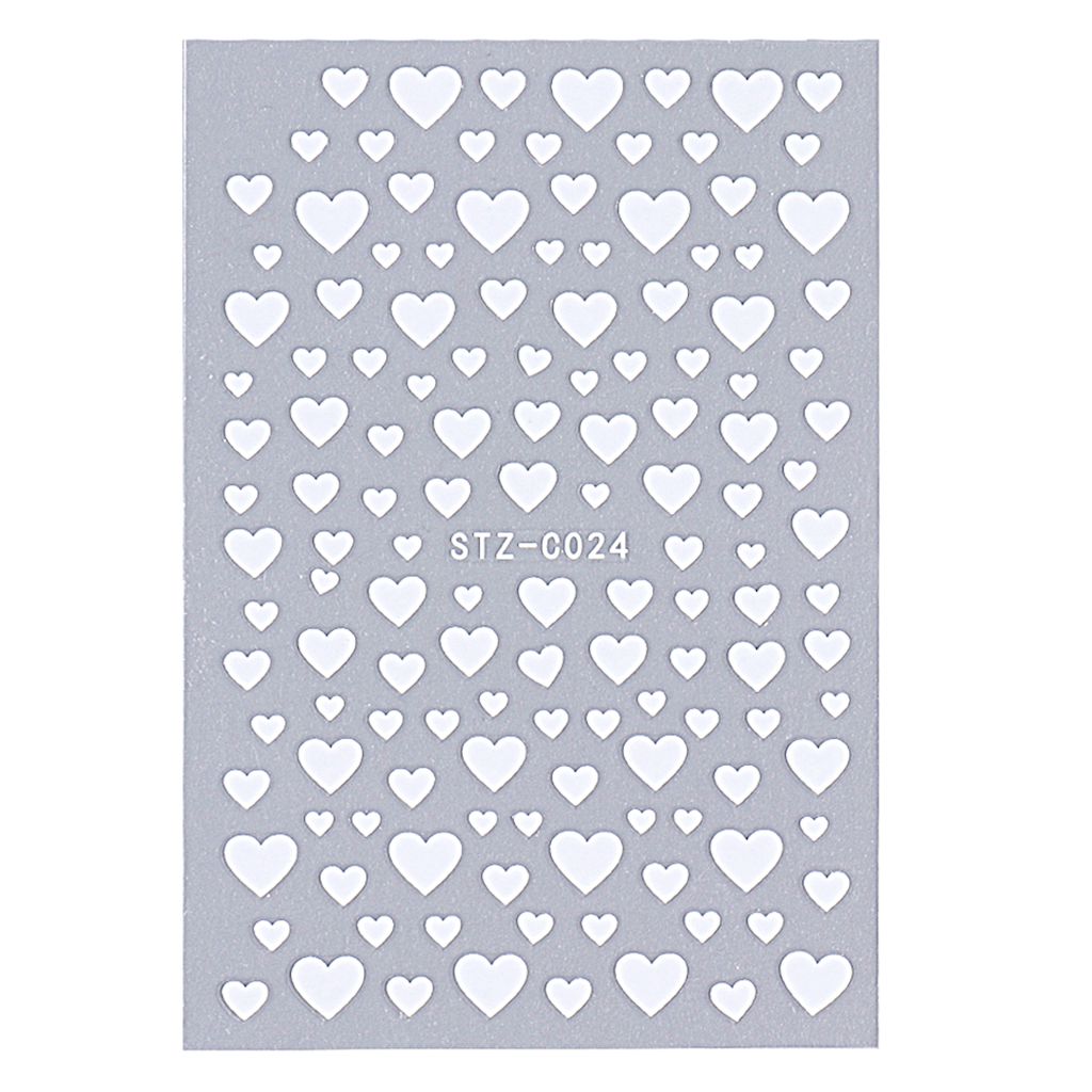 White hearts nail art stickers — assorted sizes adhesive decals sheet STZ-C024, NSI Australia