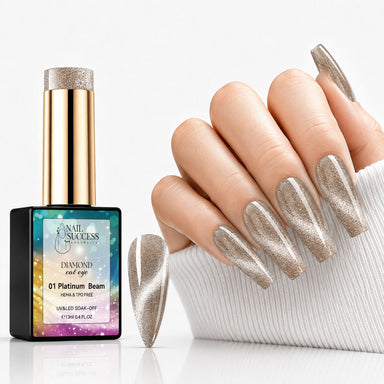 Platinum Beam HEMA- and TPO-free Diamond Cat Eye Gel Polish with matching platinum magnetic manicure and nail swatch – Nail Success Australia
