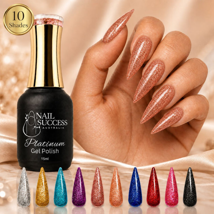 Nail Success Australia Platinum Gel Polish 10 shades collection with 15ml bottle, rose gold nails and colour swatches