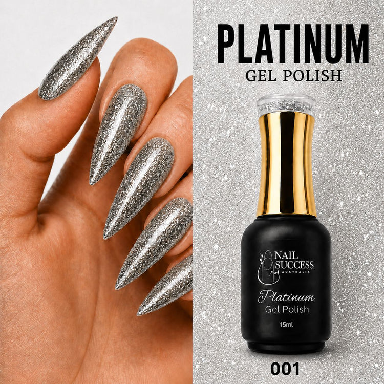 Nail Success Australia Platinum Gel Polish 001 15ml with silver textured glitter manicure design