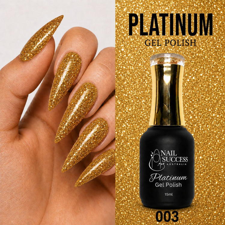 Nail Success Australia Platinum Gel Polish 003 15ml with gold textured glitter manicure design