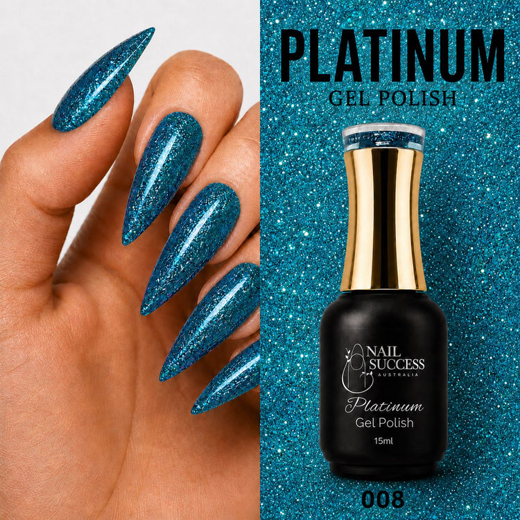 Nail Success Australia Platinum Gel Polish 008 15ml with teal blue textured glitter manicure design