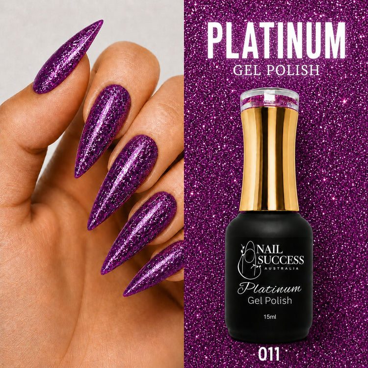 Nail Success Australia Platinum Gel Polish 011 15ml with purple textured glitter manicure design