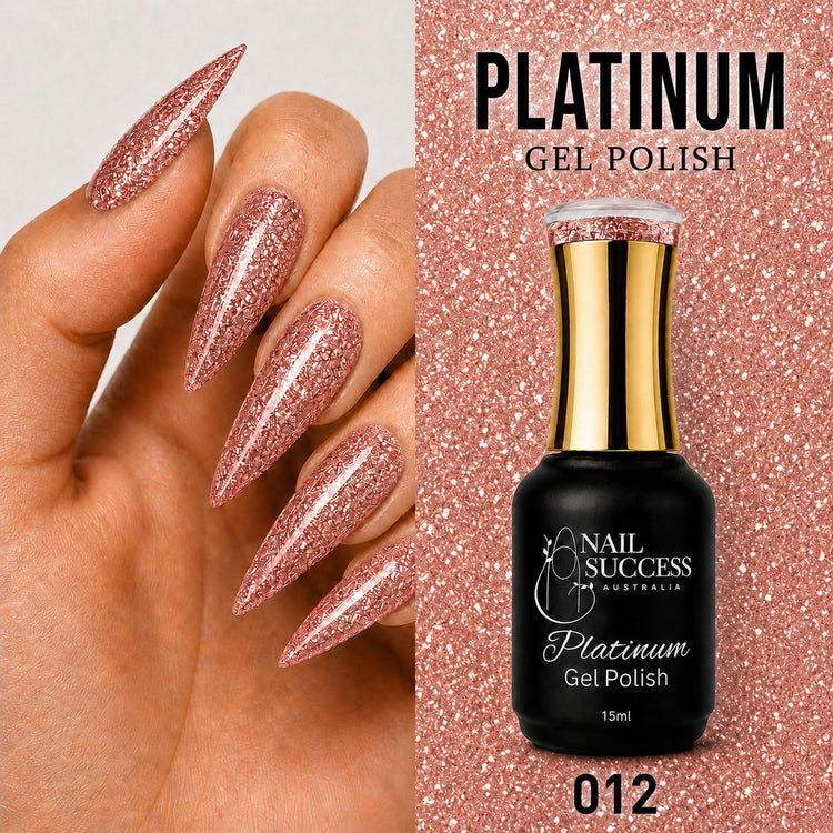 Nail Success Australia Platinum Gel Polish 012 15ml with rose gold textured glitter manicure design