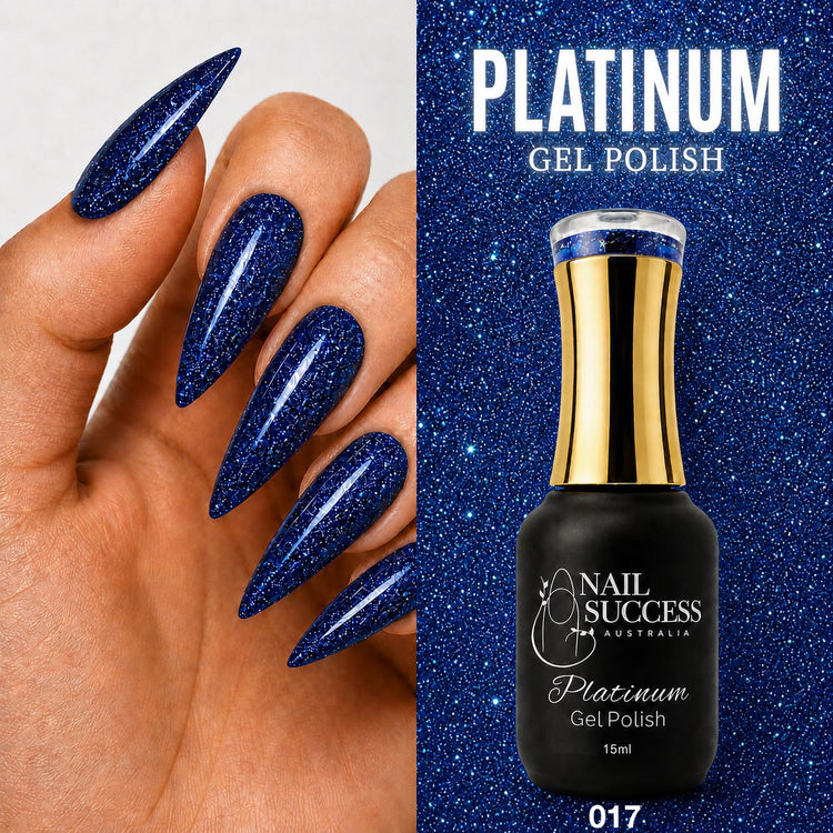 Nail Success Australia Platinum Gel Polish 017 15ml with deep blue textured glitter manicure design