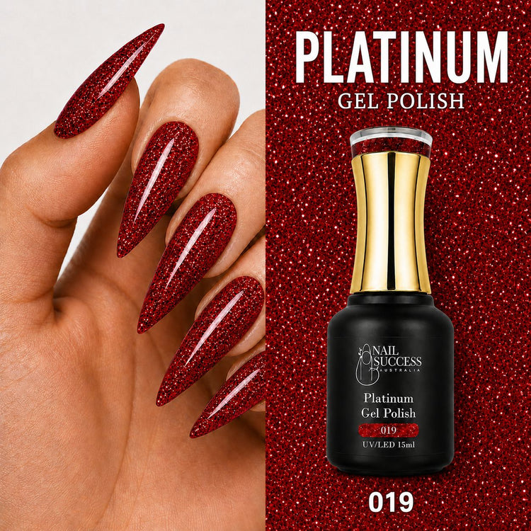LED 15ml with red textured glitter manicure design